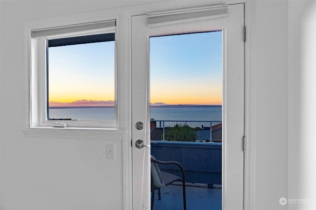 entryway with a water view