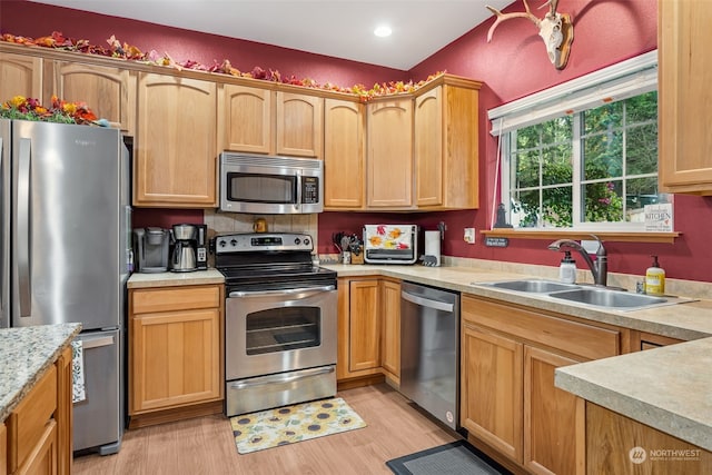 kitchen with light wood-type flooring, sink, and appliances with stainless steel finishes