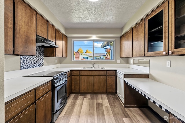 kitchen with sink, white dishwasher, light hardwood / wood-style floors, a textured ceiling, and stainless steel electric stove