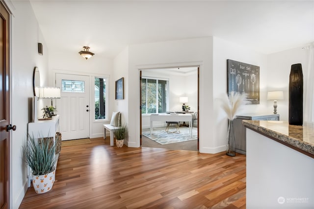 foyer featuring baseboards and wood finished floors