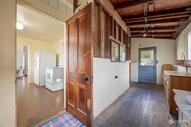 corridor featuring vaulted ceiling with beams, dark wood-type flooring, and wood ceiling