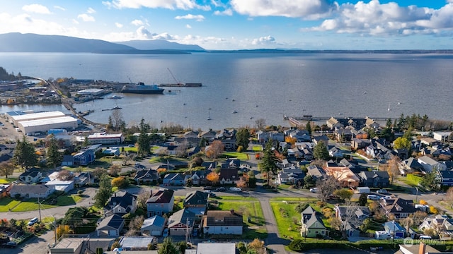 bird's eye view with a water and mountain view