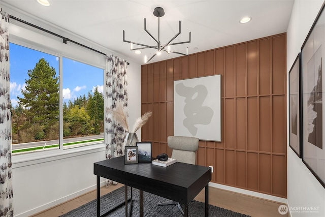 office area with a notable chandelier, baseboards, light wood-style flooring, and recessed lighting