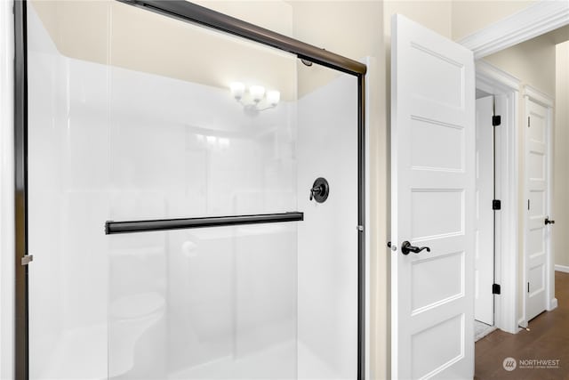 bathroom with wood-type flooring and walk in shower