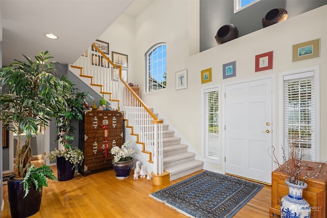 foyer featuring a high ceiling, hardwood / wood-style flooring, and plenty of natural light