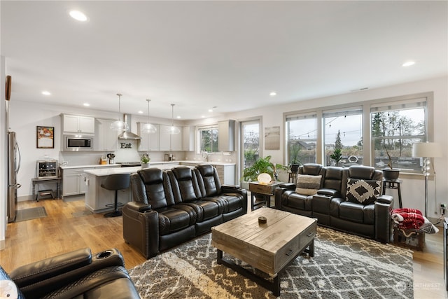 living room featuring sink and light wood-type flooring