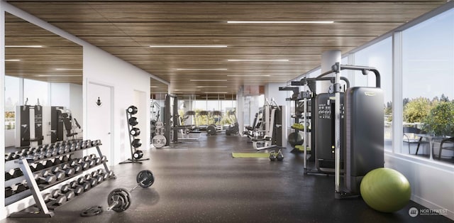 exercise room featuring floor to ceiling windows