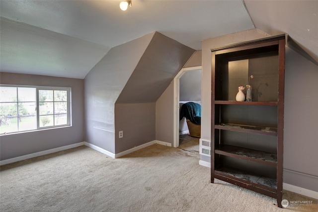 additional living space featuring light carpet and lofted ceiling