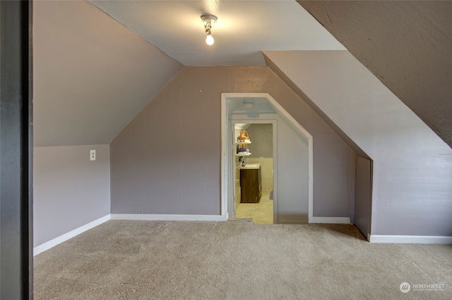 additional living space with light carpet and vaulted ceiling