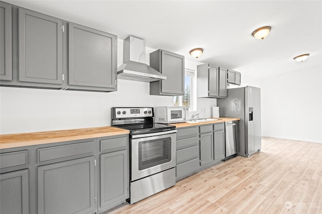 kitchen with gray cabinetry, light hardwood / wood-style flooring, stainless steel appliances, and wall chimney range hood