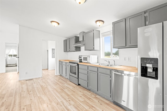 kitchen featuring light hardwood / wood-style flooring, wall chimney exhaust hood, gray cabinets, butcher block countertops, and stainless steel appliances