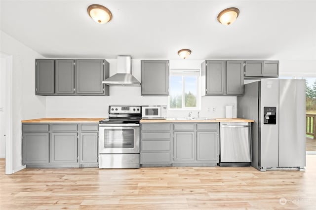 kitchen featuring gray cabinetry, sink, wall chimney exhaust hood, stainless steel appliances, and light hardwood / wood-style floors