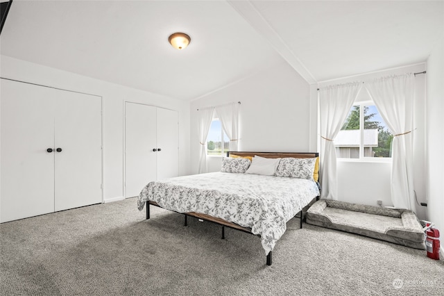 carpeted bedroom with lofted ceiling and multiple closets