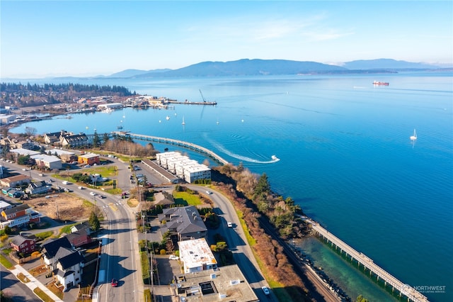 drone / aerial view featuring a water and mountain view