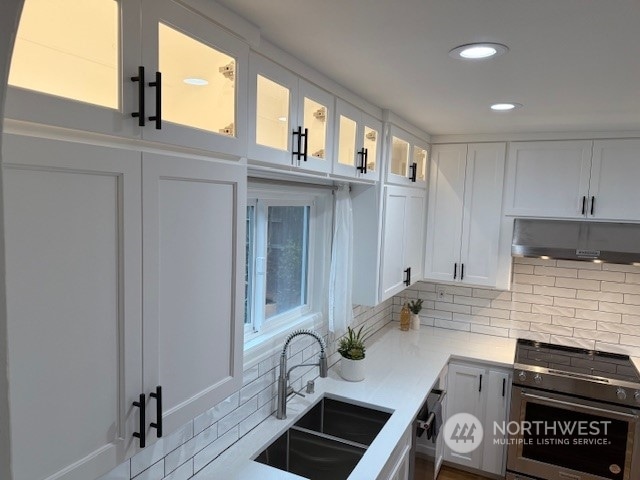 kitchen with decorative backsplash, white cabinetry, and sink