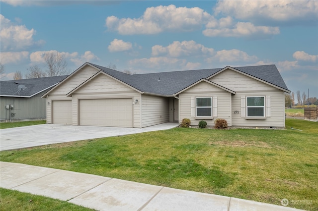 single story home featuring a front yard and a garage