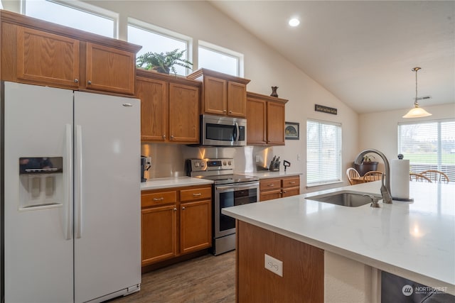 kitchen featuring dark hardwood / wood-style flooring, stainless steel appliances, vaulted ceiling, sink, and pendant lighting