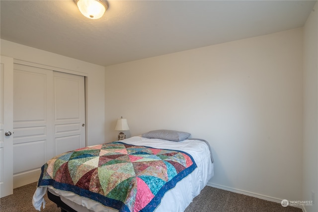 bedroom featuring dark colored carpet and a closet