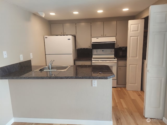 kitchen with gray cabinetry, white appliances, sink, light hardwood / wood-style floors, and kitchen peninsula