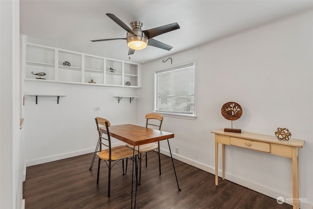 dining room with ceiling fan and dark hardwood / wood-style flooring