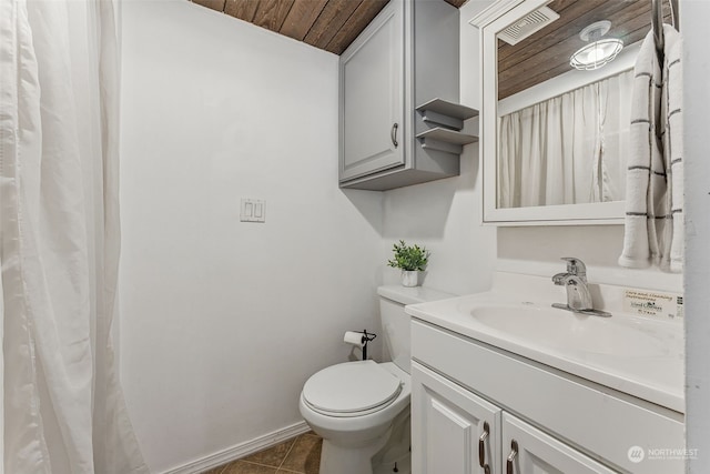 bathroom with tile patterned floors, vanity, toilet, and wood ceiling