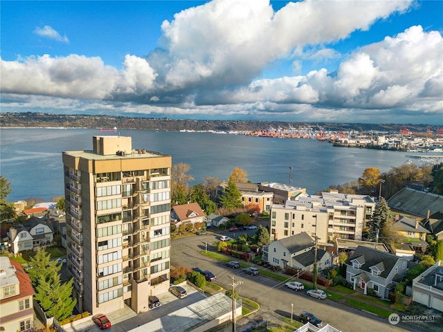 drone / aerial view featuring a water view