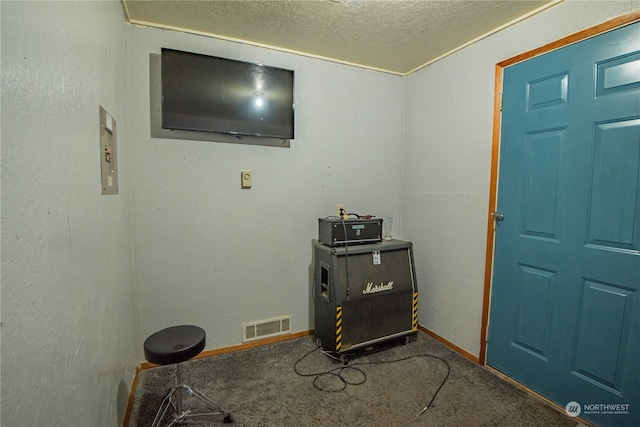 carpeted foyer with a textured ceiling