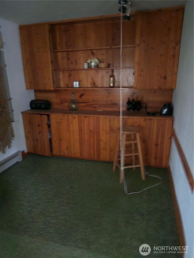 kitchen with carpet floors and baseboard heating