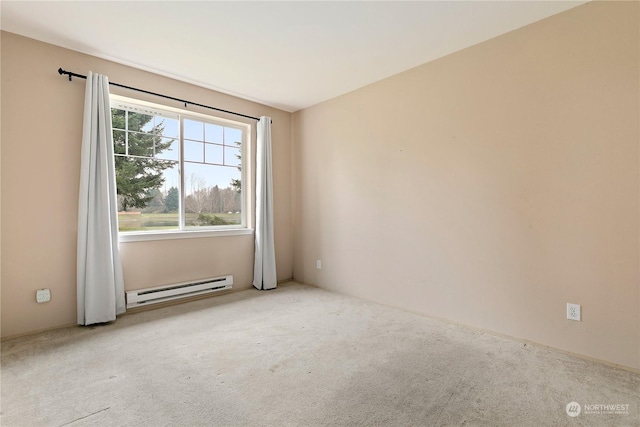 unfurnished room featuring baseboard heating and light carpet