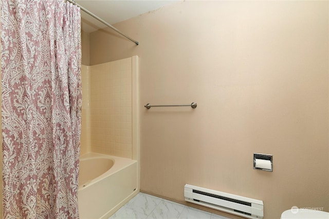 bathroom with shower / bath combo with shower curtain, toilet, and a baseboard heating unit