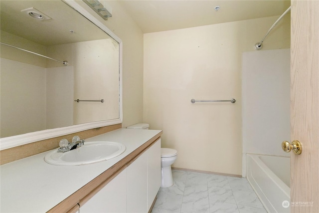 full bathroom with shower / bathing tub combination, vanity, and toilet