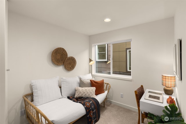 sitting room featuring light colored carpet