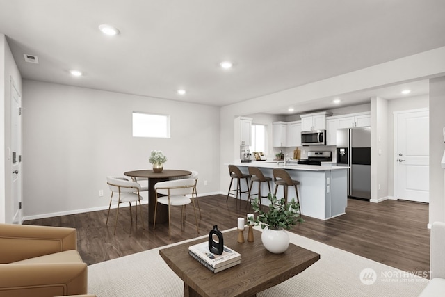 living room with sink and dark wood-type flooring