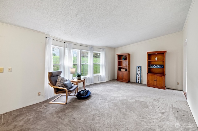 sitting room with a textured ceiling, crown molding, and light carpet