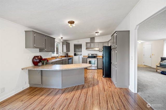 kitchen featuring kitchen peninsula, light wood-type flooring, stainless steel appliances, and gray cabinets