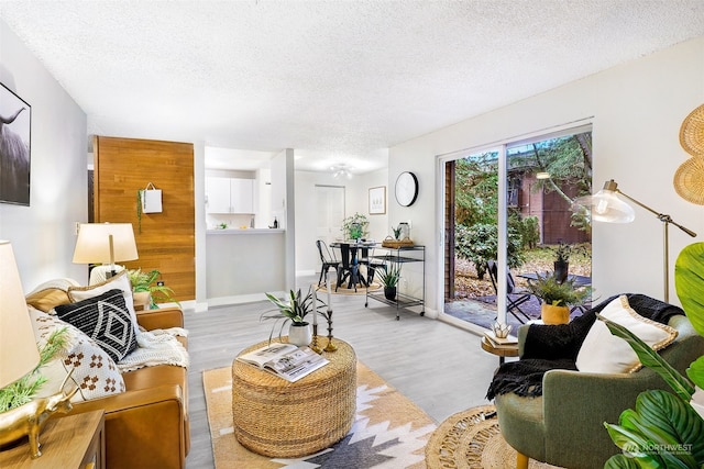 living room with light hardwood / wood-style floors and a textured ceiling