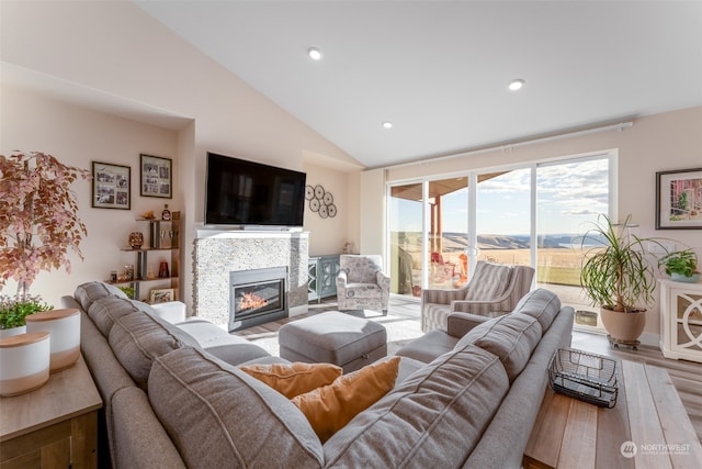 living room featuring a stone fireplace, hardwood / wood-style floors, and lofted ceiling