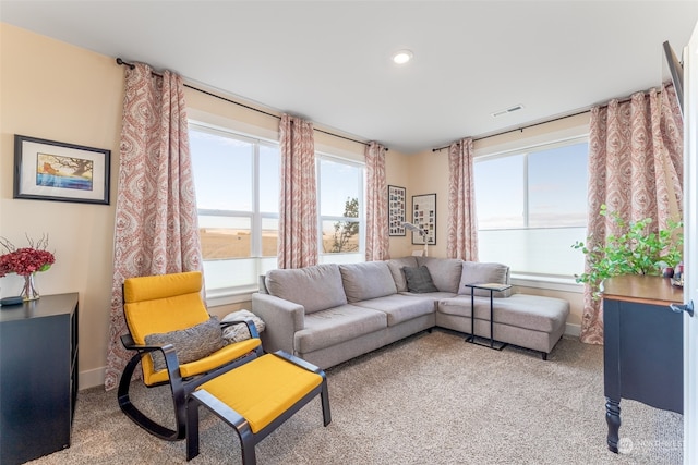 carpeted living room featuring plenty of natural light and a water view