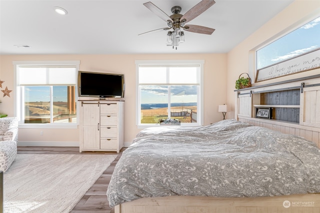 bedroom featuring multiple windows, ceiling fan, and light wood-type flooring