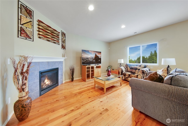 living room with a fireplace and hardwood / wood-style floors