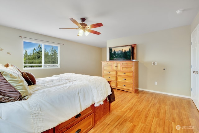 bedroom featuring ceiling fan and light wood-type flooring