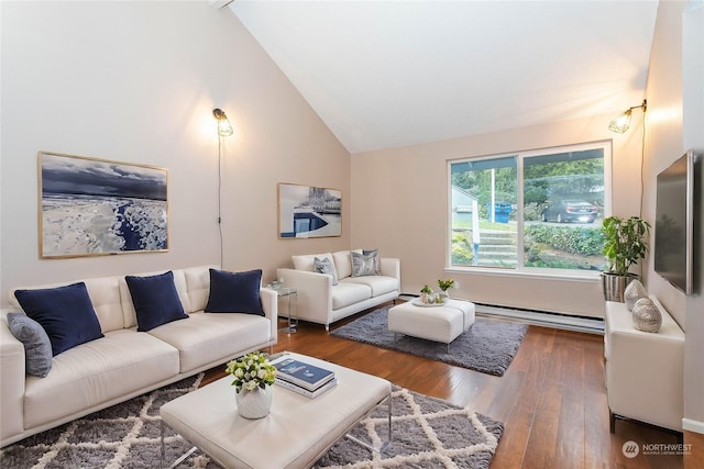 living room with high vaulted ceiling, baseboard heating, and dark wood-type flooring