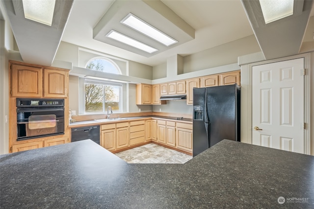 kitchen featuring light brown cabinetry, sink, and black appliances