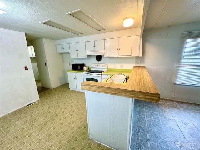 kitchen featuring kitchen peninsula, a textured ceiling, sink, white cabinets, and white electric range