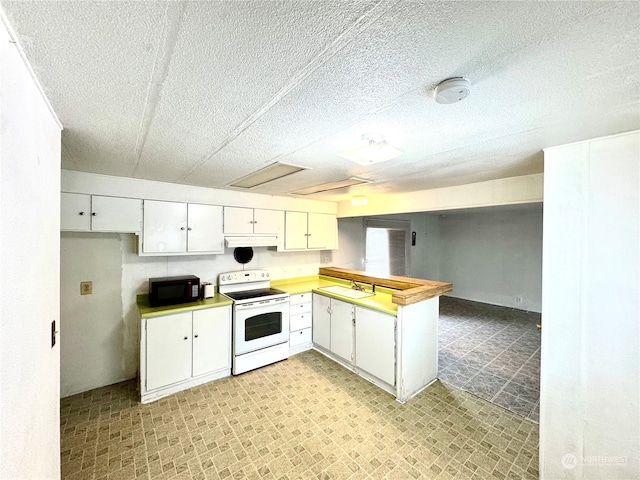 kitchen featuring sink, a textured ceiling, white cabinetry, and electric stove