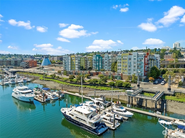 drone / aerial view featuring a water view