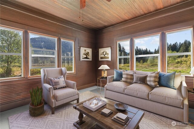 27525 W Lake Riley Rd, Arlington, WA 98223 - living room featuring wooden ceiling and ceiling fan