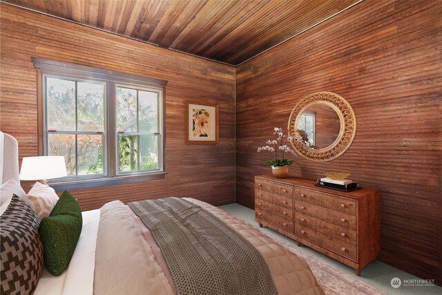 27525 W Lake Riley Rd, Arlington, WA 98223 - bedroom featuring light carpet, wood walls, and wooden ceiling