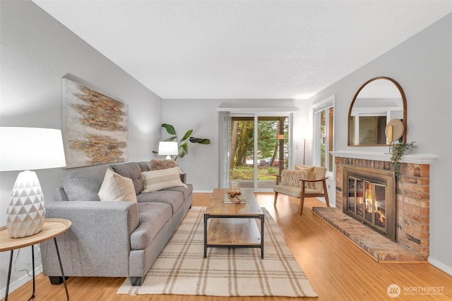 living area featuring a fireplace and wood finished floors