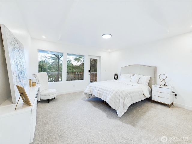 carpeted bedroom featuring recessed lighting and baseboards